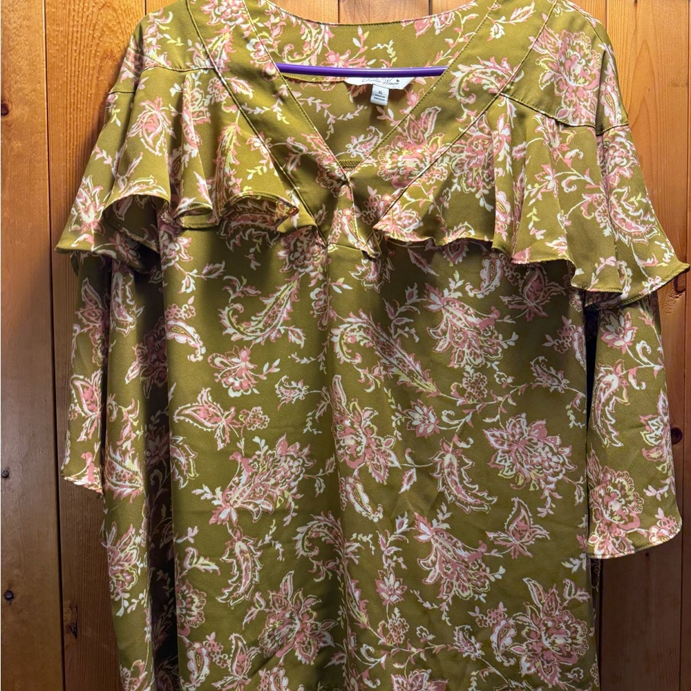 The Pioneer Woman Olive and Pink Floral Blouse